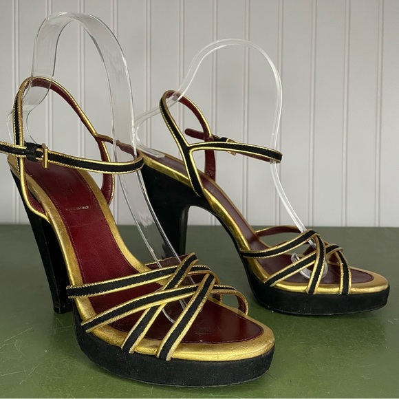 Prada Black Suede & Gold Strappy Platform Heels/Sandals *Italy* - Picture 2 of 12